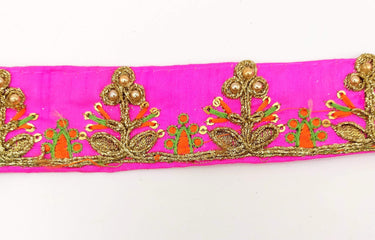 Fuchsia Pink Art Silk Trim In Orange And Gold Embroidery, Approx. 35mm wide, Decorative Trim